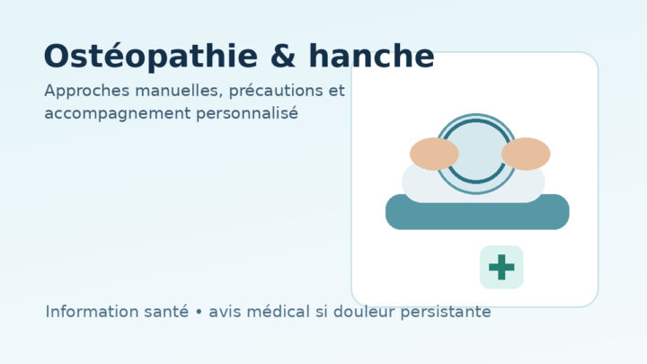 Illustration ostéopathie et douleur de hanche, avec rappel de prudence médicale