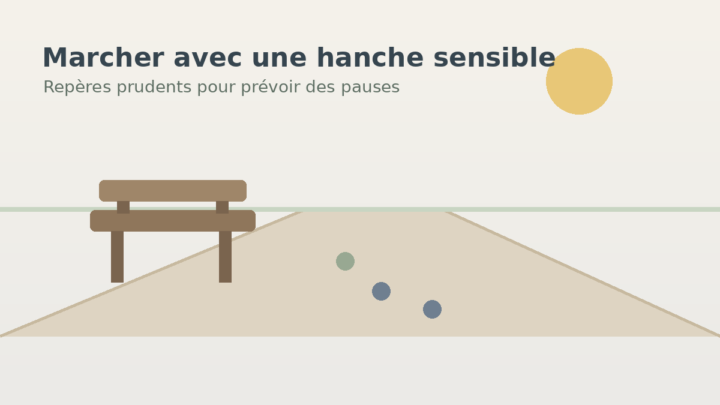 Illustration neutre d’un chemin avec banc pour faire une pause lors d’une marche avec une hanche sensible