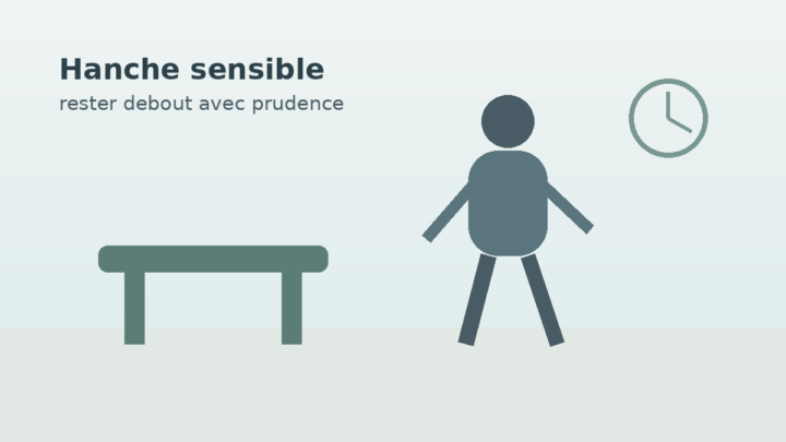 Illustration neutre d’une personne debout près d’un banc, symbole de pause avec une hanche sensible