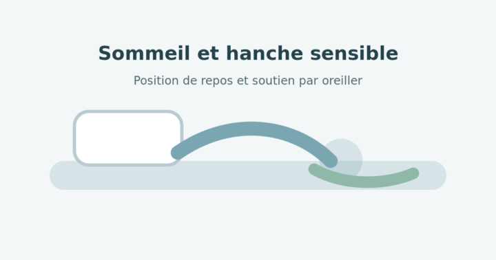 Illustration neutre d'une position de repos avec oreiller pour une hanche sensible